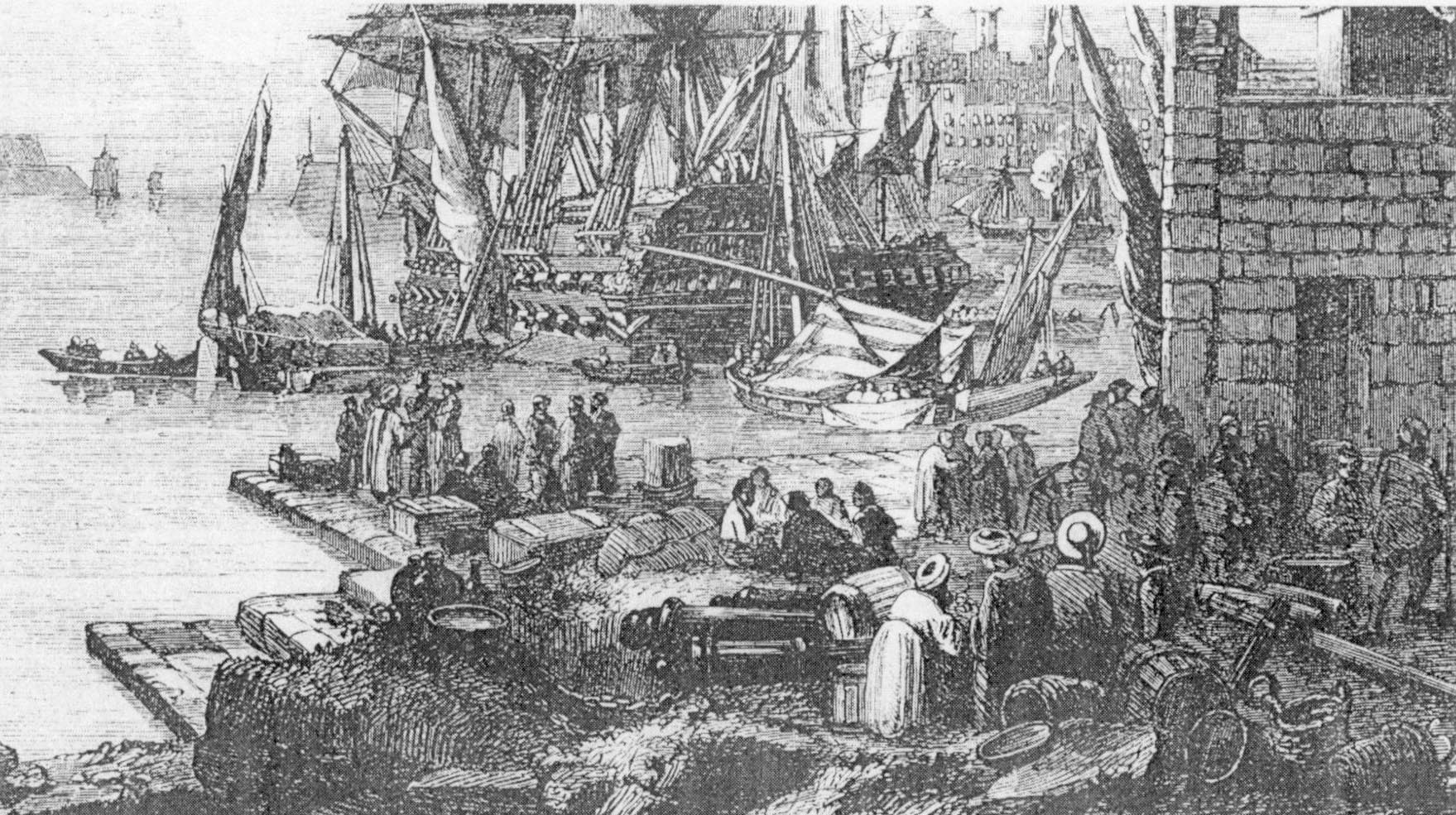 Des commerçants Maltais attendant sur le quai de Ras Hanzir, prêts à embarquer pour des ports méditerranéens